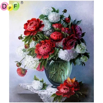 DPF Занаяти за диамант бродерия със собствените си ръце Червено-бяла ваза за цветя 5D пълна кръгла Рана с елмаз Magic Cube кръст бод декор на Мозайка