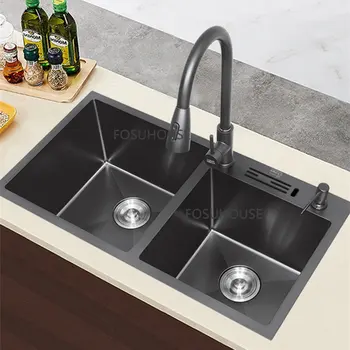 Мивка от неръждаема стомана 304, кухненски кът, черна мивка, много дебела, ръчно изработени, Нано-дизайн за дома, модерна антибактериална мивка за измиване на съдове