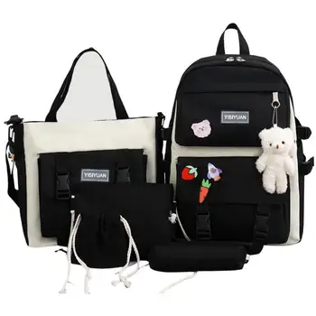 Училищен раница за момичета от 5 В 1, разход на училище раница с раница, чанта за моливи, Малка чанта за съхранение, малка чанта през рамо
