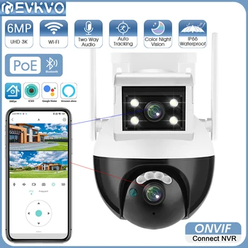 EVKVO 6-мегапикселова PTZ-WIFI камера с двойна леща, двоен екран, изкуствен интелект, проследяване на лице, Външна POE-сигурност, IP камера видеонаблюдение ICSEE PRO