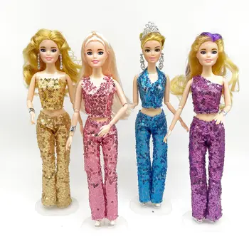 Комплект дрехи Bling /топ с пайети-цвят: златист, сребрист + панталони/ костюм за кукли дължина от 30 см, летни дрехи за Барби кукли 1/6 Xinyi ST FR