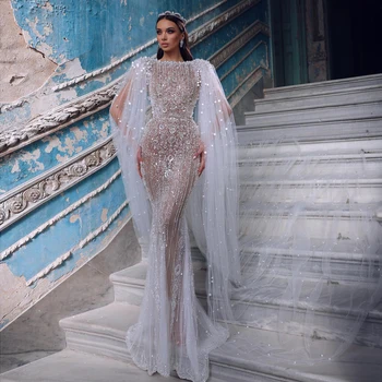 Шарън Каза Луксозно Дубайское Бяла вечерна рокля Русалка телесен цвят с ръкави-накидками за жени, сватбени Арабски рокли за младоженци SS458