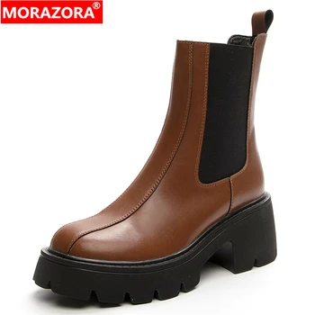 MORAZORA/ 2023, Новите Модни Обувки От естествена Кожа, Дамски Ботильоны На Високо Квадратен масивна ток, Модни Обувки 