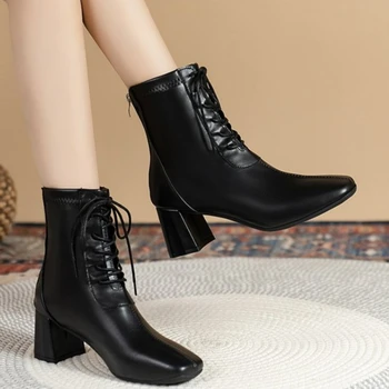 Есенно-зимни дамски обувки, дамски обувки на висок ток с квадратни пръсти, черни кожени обувки, дамски обувки ръчна изработка дантела