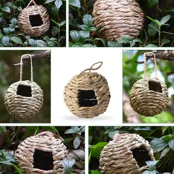 Кръгла билкова клетка ръчно изработени, подвесное гнездо за птици от естествена слама на открито