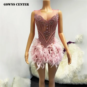 Искрящи Розови пера, бродирани с мъниста Африкански рокли за бала 2024, Луксозно рокля, мини-коктейл рокля на Русалка за Черни момичета