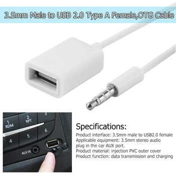 3,5-мм жак за свързване на аудиоразъема AUX USB 2.0 Кабел-конвертор OTG тип A за жени