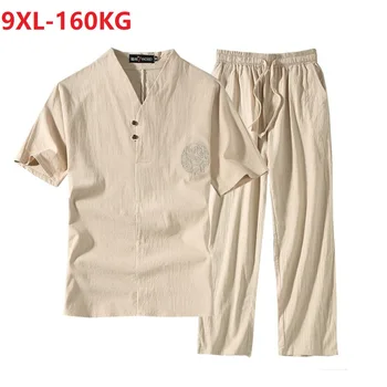 лятна мъжки пижами, тениски в китайски стил с къс ръкав и панталони, дрехи за спане голям размер, дишаща домашни дрехи от лен и памук в голям размер