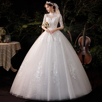 Винтажное дантелено сватбена рокля с влак, ръкави Hlaf С високо воротом, бродирани цветя, вечерна рокля за сватбата vestidos elegantes