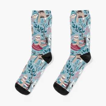 Hygge sloth // дребния мащаб // бледо-сини и червени чорапи на поръчка, Смешни чорапи, дамски, Мъжки чорапи