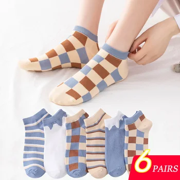 6 Чифта женски чорапи до глезена, летни памучни дишащи спортни чорапи с дълбоко деколте, висококачествени ежедневни чорапи на райета без показване