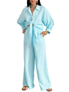 Жена пижамный комплект, риза с копчета и дълъг ръкав и еластични панталони на талията, пижами за почивка