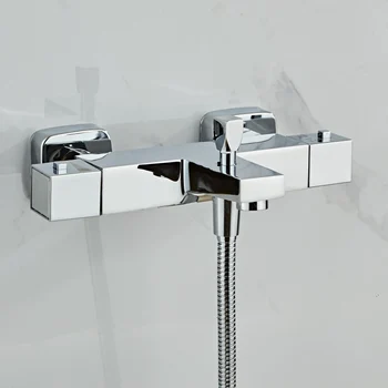 Квадратен термостатичен смесител за баня, контролния клапан за душата, Долна кран, монтиран на стената месинг смесител за топла и студена вода в банята, смесителна батерия за вани