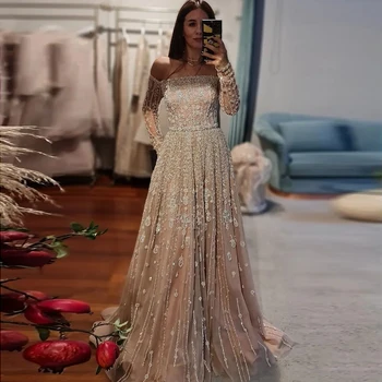 Шарън Каза Дубай, луксозна вечерна рокля цвят шампанско, расшитое мъниста, елегантна 2023, Сиреневое сватбена рокля с открити рамене и дълъг ръкав SS489