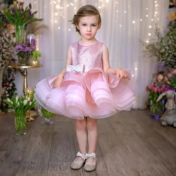 Rose атласное рокля за малки момичета с лък и пайети, Памучен хастар, пищната пола, рокля на цветчета за момичетата, рокля-пакет за деца, дрехи за рожден ден
