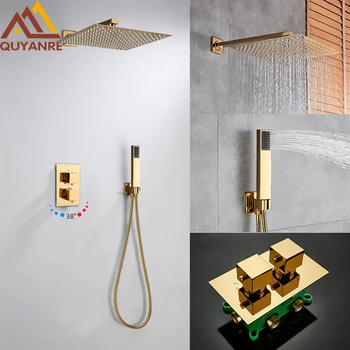 Quyanre Golden Embedded Box Термостатичен смесител за душ Ультратонкая дъждовна накрайник за душ, Термостатичен смесител за душ в банята