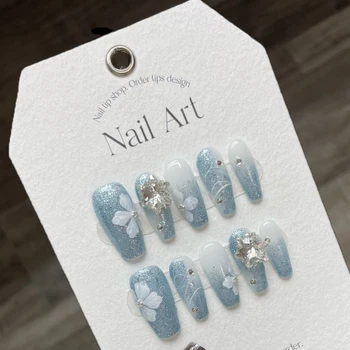 Режийни ноктите ръчно изработени с дизайн Фея Blue flowers, за многократна употреба лепило, режийни ноктите в корейски стил, с пълно покриване на върховете на ноктите, маникюр, за момичета