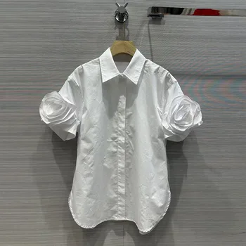 Новата пролетна мода риза с отложным яка и къс ръкав под формата на 3D цвете, дамски ежедневни скъпа бяла тениска, потник