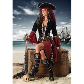 Женски костюм капитан на пиратите на Карибско море, костюм за cosplay на Хелоуин, секси готическа Средновековна маскарадное рокля
