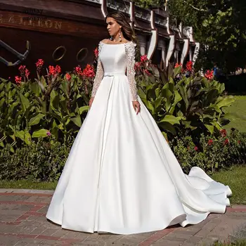Секси сватбена рокля с дълги ръкави, луксозна дантела, Плюс размери, 2023, Атласное Френското сватбена рокля с отворен гръб, колан за жени, Vestidos De Новия