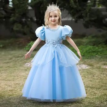 Синя рокля за Кръщаване на Новородените Момичета, Дрехи Принцеса Рожден Ден, Бална Рокля за Кръщаване с Цветя Модел за Деца, Детски Рокли за Момичета от 3 до 10 години