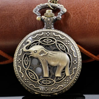 Реколта джобен часовник във формата на слон с арабски циферблат, кварцов часовник в стил steampunk, Мъжко и дамско колие, висулка от веригата в подарък
