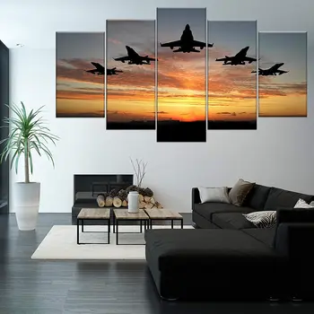 5 Бр. Щампи F18 Formation at Sunset Залез Военен Самолет работа Декор Картини на Платно Картини на Изкуството HD Печат Без Рамка