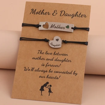Плетени гривни с надпис на Ден на майката на майка и дъщеря от неръждаема стомана, регулируема восъчен въже, пощенска картичка с пожелания, украса