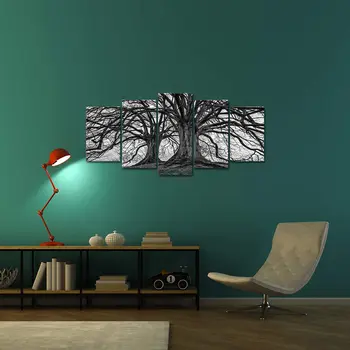 5 Панели Черно-Бял Зимен Дъб Giclee Природа Пейзаж 5 Бр. Снимки на HD Печат Начало Декор Декор Платно Картини на Изкуството