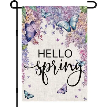 Здравейте, Пролетната Градина Флаг 12 × 18 см от груб лен, двупосочен пролетно-летния ваканционен лого, банер за украса на вътрешния двор на открито