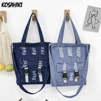 Индивидуалност, Y2k, эстетичные чанти с голям капацитет, реколта дънкови чанти през рамо с дупки, Корейската мода, универсална чанта през рамо