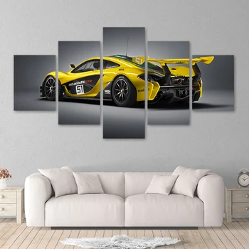 5-Панел жълт Луксозен спортен автомобил Модулни плакати Стенно изкуство Платно HD Печатни картини с маслени бои, за всекидневната, Картини, аксесоари за дома