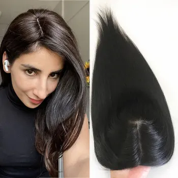 Копринен топ от естествена коса 15x16 см, перука на базата на естествена кожа на главата, щипки за коса в топпере за косата на жените