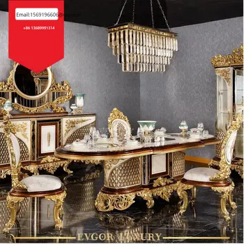 Луксозна европейска комбинация маса за хранене и столове от масивно дърво, мебели за трапезария вили във френския дворец на поръчка