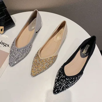 2024 Нова Ежедневни Дамски Дизайнерски обувки с остър пръсти на дебел ток с височина 4 см, украсени с пайети, Корейската версия на Дамски обувки Mary Jane