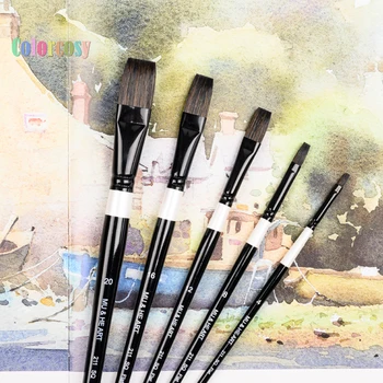 MU & HE ART 211F Плосък Беличья пискюл за акварел с плоска глава, черна дървена пръчка, гваш, Изобразително изкуство, дръжка-кука, линия