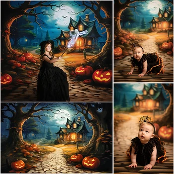 Фон за снимки жуткого на къщата на Хелоуин с тиква, за украса на Пълнолуние, Подпори за фото студио, детски фонове за портретна фотография