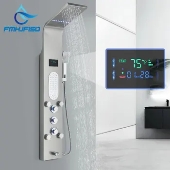 Смесител за душ панел с led подсветка, стенен смесител за хидромасаж в СПА центъра с ръчен спрей, Душ система, Цифров дисплей на температурата екран.