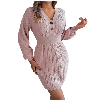 Жена ретро вязаное мини-дебнещ однотонное рокля с V-образно деколте и дълъг ръкав, дебнещ рокля Есен-зима, елегантен пуловер, Vestidos 2023