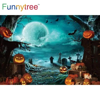 Funnytree Хелоуин Парти Декор Тиквени Фенери на Фона на Луната Мъглива Нощ Клони прилепи Ужасно Надгробный камък Фон за една фотосесия