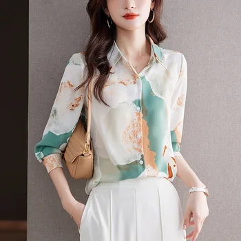 Есен 2023, Новата Европейска сатен дамска блуза с дълги ръкави и принтом контрастни цветове, Модни Свободни дамски блузи с деколте-поло T717
