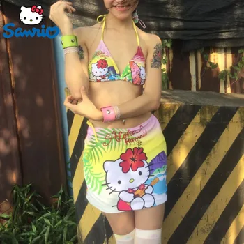 Женски бански Sanrio Hello Kitty от три части, летни секси бански Kawaii, Сладки комплекти дантела, поли, модерни плажни съоръжения в бикини