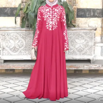 Ретро рокля Дамско модно мюсюлманската арабското рокля-кафтан Абайя с бродерия отпред, копчета, лейси ред, Макси Тънка облекло