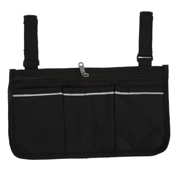 Странична чанта за инвалидни колички, черна странична чанта за съхранение на инвалидни колички, водоустойчив джоб със светлоотразителни ивици за бутилки с вода за