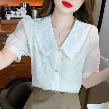 Годишна жена шифоновая риза с къс ръкав и кръгло деколте, однотонная шифоновая блуза с бродерия на мъниста, дамски блузи C805